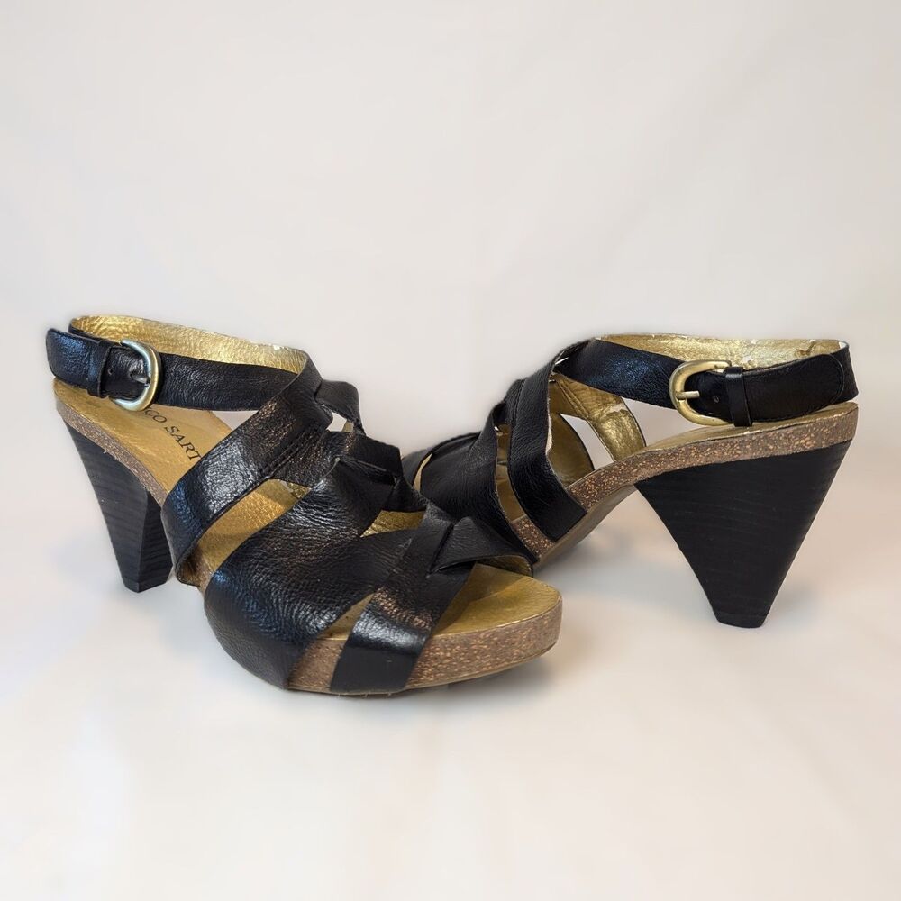 Franco Sarto Strappy Leather Cork Cone Heel Black Sandals